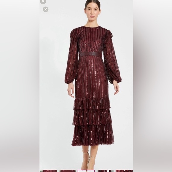 Mac Duggal Burgundy Sequin Long Sleeve Dress - Picture 4 of 6